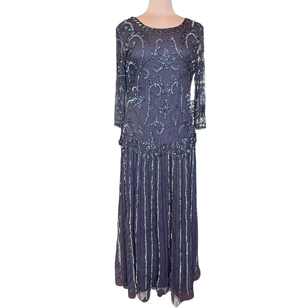 Pisarro Nights Heavily Beaded Mesh Maxi Dress SZ 14 Gatsby Formal Evening Gown - Picture 1 of 16